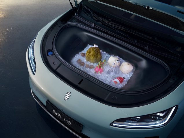 尚界 H5 的前备箱中放着冰块、水果和饮品。