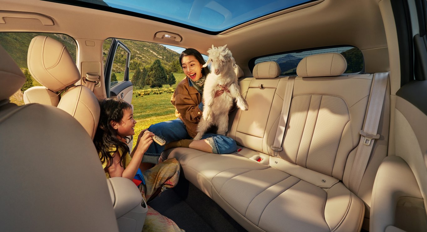 一名女性抱着小羊，和一名儿童正在尚界 H5 后排嬉戏，展示超大后排空间