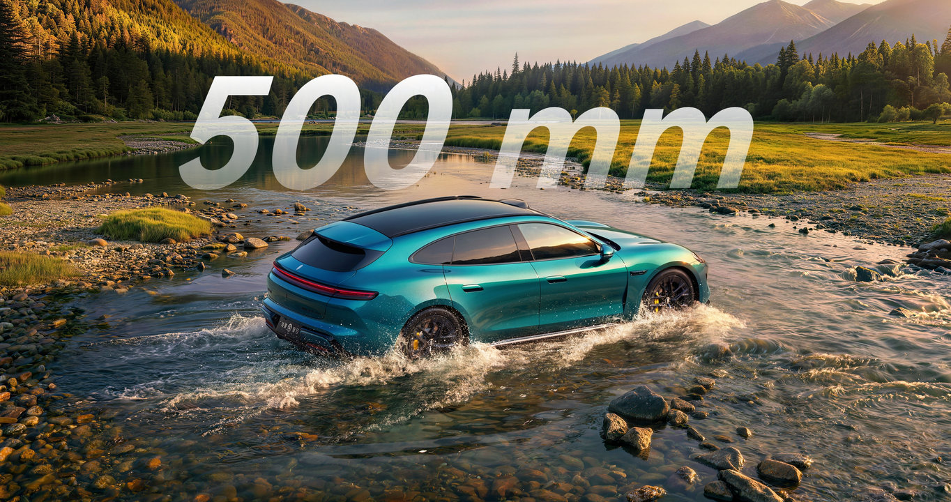 在水中行驶的尚界 Z7，展示了车的涉水深度