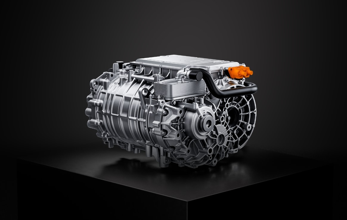 SiC 碳化硅效率模组渲染图，展示了智界 新S7 HUAWEI DriveONE 800V 碳化硅黄金动力平台